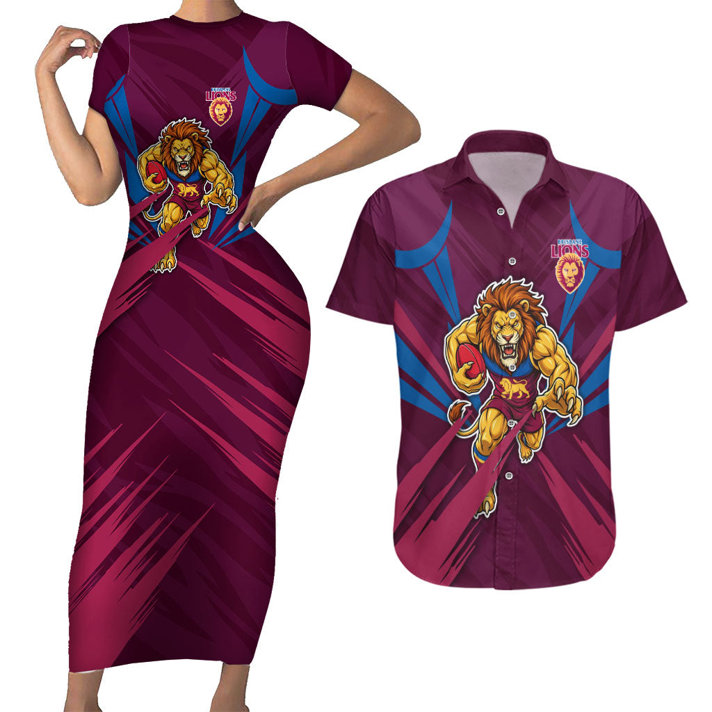 Brisbane Lions Australian Football Couples Matching Short Sleeve Bodycon Dress and Hawaiian Shirt Powerful Lion Mascot - Bold Team Colors
