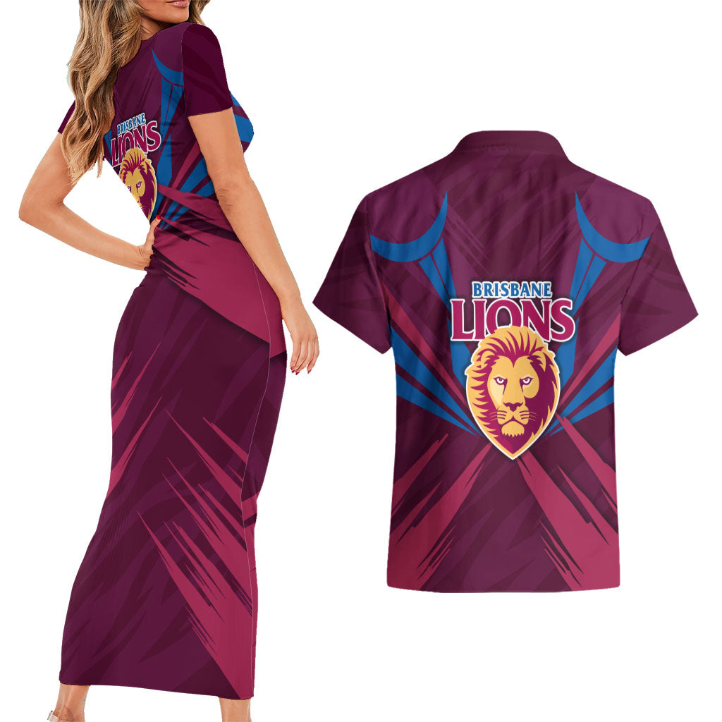 Brisbane Lions Australian Football Couples Matching Short Sleeve Bodycon Dress and Hawaiian Shirt Powerful Lion Mascot - Bold Team Colors