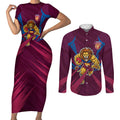 Brisbane Lions Australian Football Couples Matching Short Sleeve Bodycon Dress and Long Sleeve Button Shirt Powerful Lion Mascot - Bold Team Colors