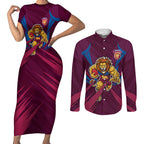 Brisbane Lions Australian Football Couples Matching Short Sleeve Bodycon Dress and Long Sleeve Button Shirt Powerful Lion Mascot - Bold Team Colors