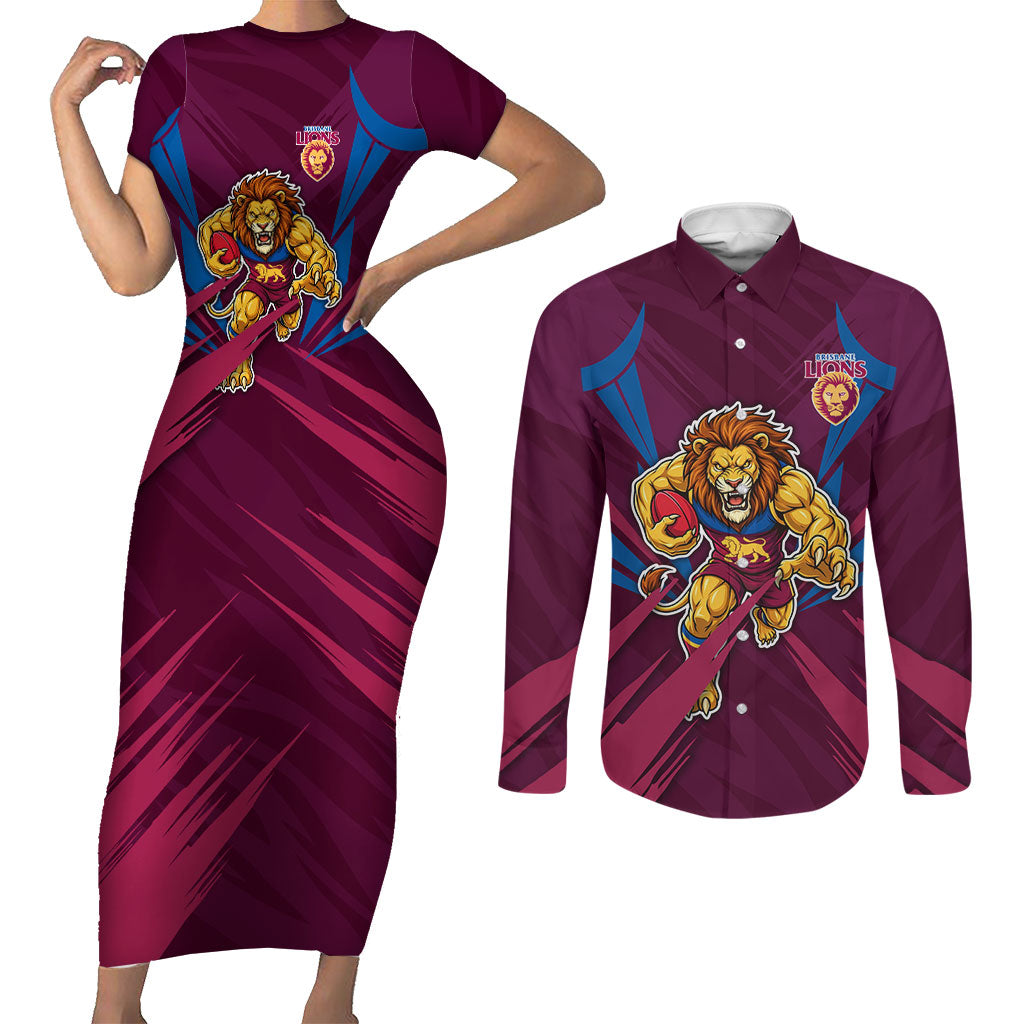 Brisbane Lions Australian Football Couples Matching Short Sleeve Bodycon Dress and Long Sleeve Button Shirt Powerful Lion Mascot - Bold Team Colors