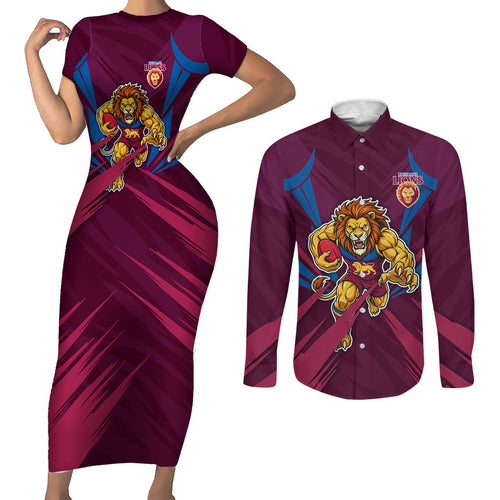 Brisbane Lions Australian Football Couples Matching Short Sleeve Bodycon Dress and Long Sleeve Button Shirt Powerful Lion Mascot - Bold Team Colors