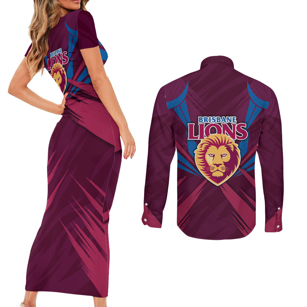 Brisbane Lions Australian Football Couples Matching Short Sleeve Bodycon Dress and Long Sleeve Button Shirt Powerful Lion Mascot - Bold Team Colors