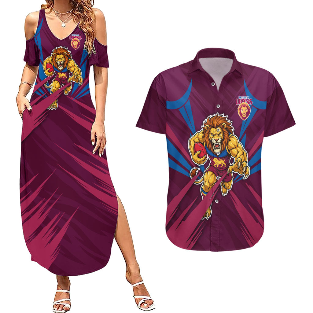 Brisbane Lions Australian Football Couples Matching Summer Maxi Dress and Hawaiian Shirt Powerful Lion Mascot - Bold Team Colors