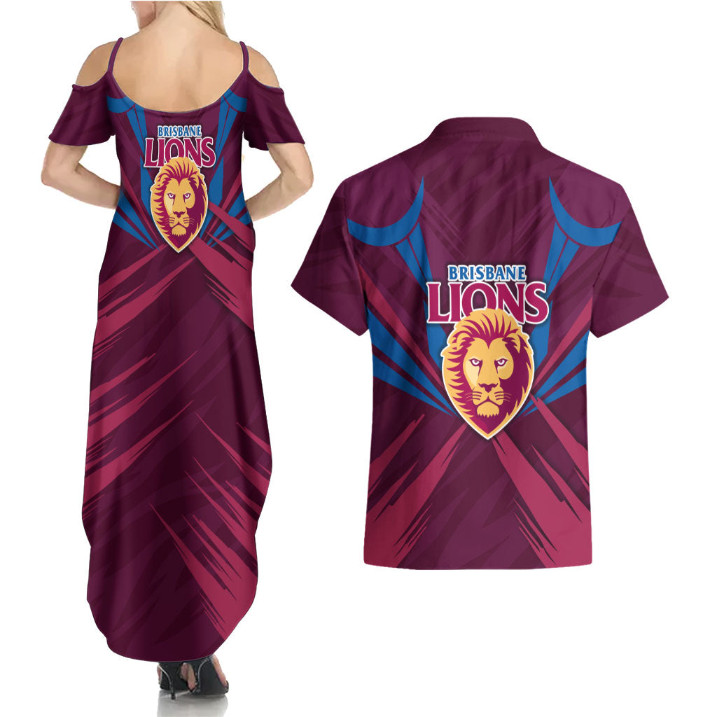 Brisbane Lions Australian Football Couples Matching Summer Maxi Dress and Hawaiian Shirt Powerful Lion Mascot - Bold Team Colors