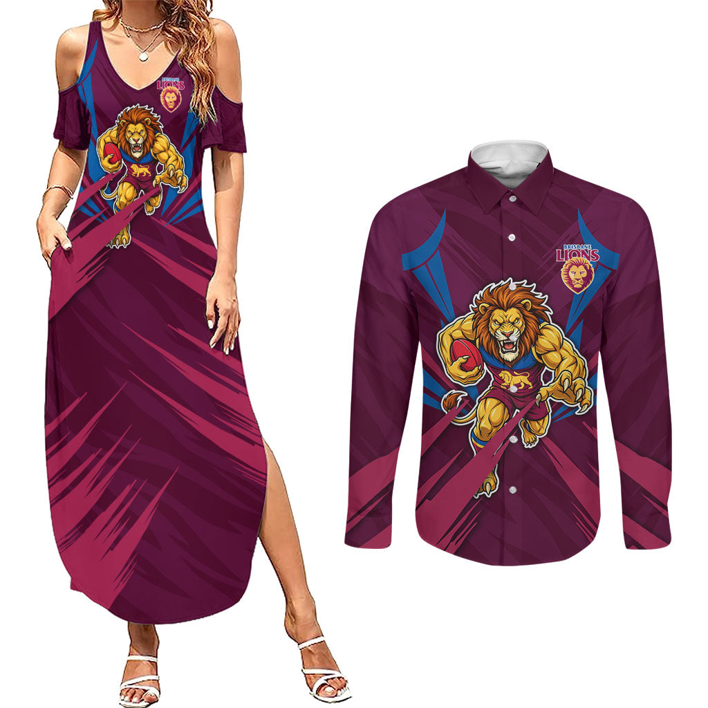 Brisbane Lions Australian Football Couples Matching Summer Maxi Dress and Long Sleeve Button Shirt Powerful Lion Mascot - Bold Team Colors
