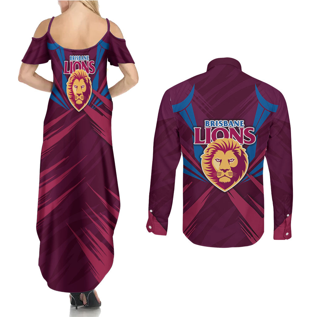 Brisbane Lions Australian Football Couples Matching Summer Maxi Dress and Long Sleeve Button Shirt Powerful Lion Mascot - Bold Team Colors