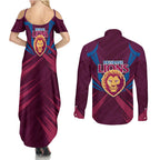 Brisbane Lions Australian Football Couples Matching Summer Maxi Dress and Long Sleeve Button Shirt Powerful Lion Mascot - Bold Team Colors