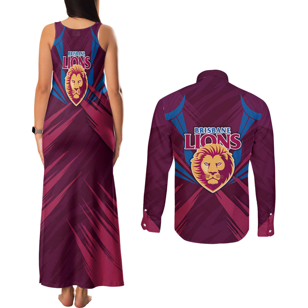 Brisbane Lions Australian Football Couples Matching Tank Maxi Dress and Long Sleeve Button Shirt Powerful Lion Mascot - Bold Team Colors