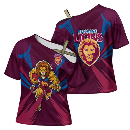 Brisbane Lions Australian Football Cross Shoulder Shirt Powerful Lion Mascot - Bold Team Colors