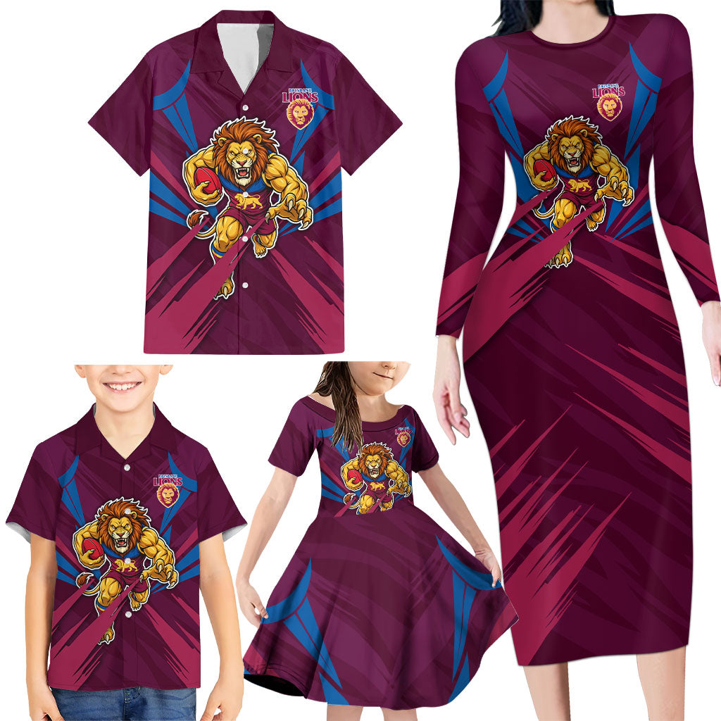 Brisbane Lions Australian Football Family Matching Long Sleeve Bodycon Dress and Hawaiian Shirt Powerful Lion Mascot - Bold Team Colors