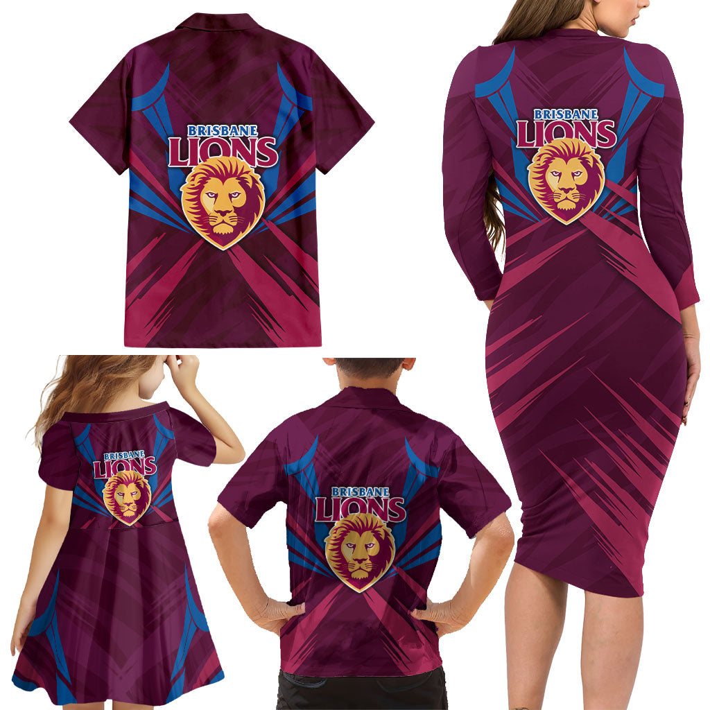 Brisbane Lions Australian Football Family Matching Long Sleeve Bodycon Dress and Hawaiian Shirt Powerful Lion Mascot - Bold Team Colors