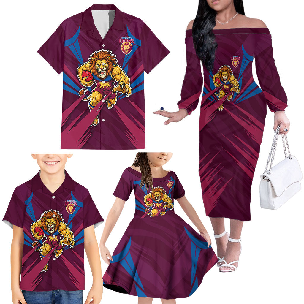 Brisbane Lions Australian Football Family Matching Off The Shoulder Long Sleeve Dress and Hawaiian Shirt Powerful Lion Mascot - Bold Team Colors