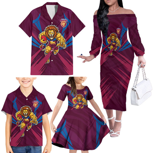 Brisbane Lions Australian Football Family Matching Off The Shoulder Long Sleeve Dress and Hawaiian Shirt Powerful Lion Mascot - Bold Team Colors