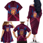 Brisbane Lions Australian Football Family Matching Off The Shoulder Long Sleeve Dress and Hawaiian Shirt Powerful Lion Mascot - Bold Team Colors