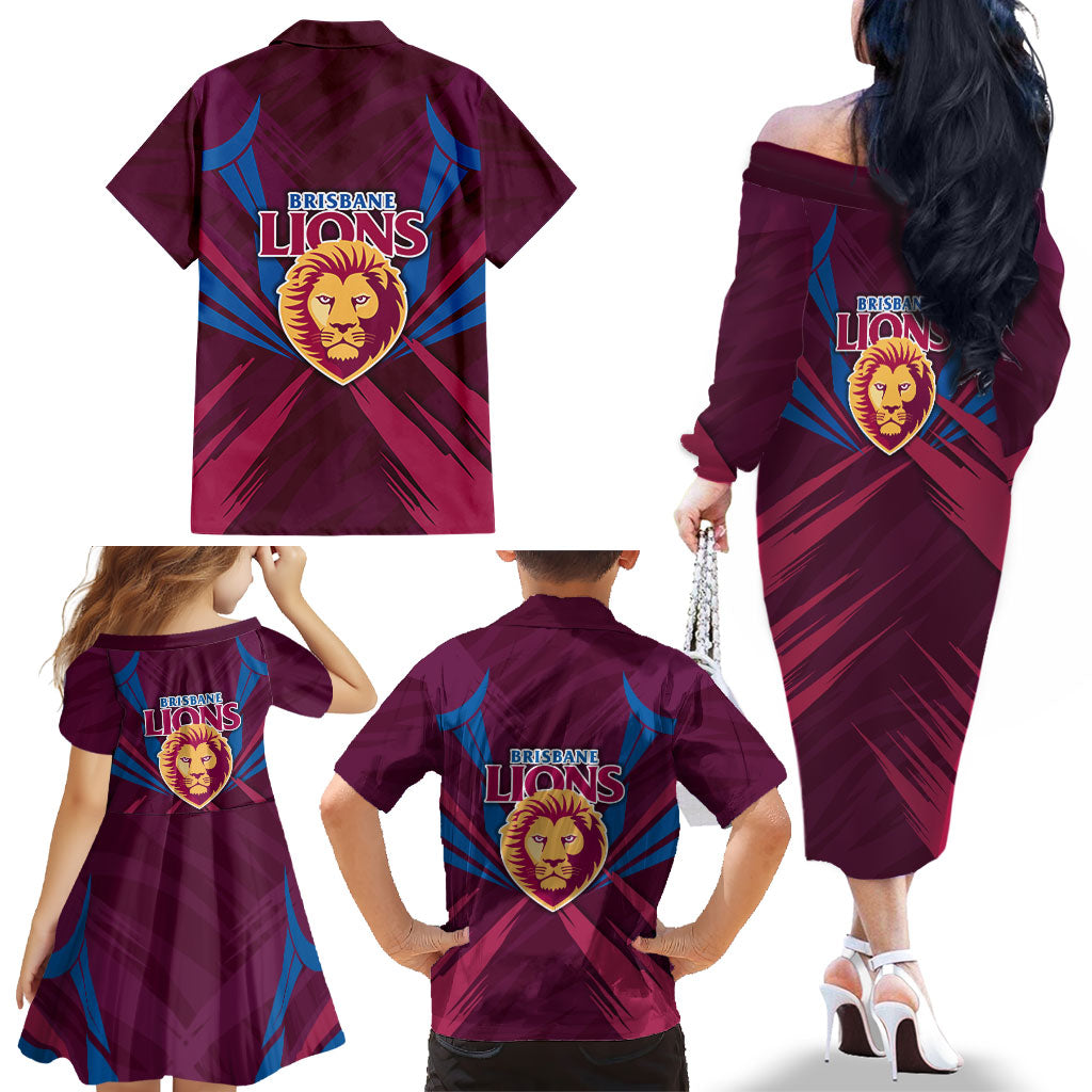 Brisbane Lions Australian Football Family Matching Off The Shoulder Long Sleeve Dress and Hawaiian Shirt Powerful Lion Mascot - Bold Team Colors