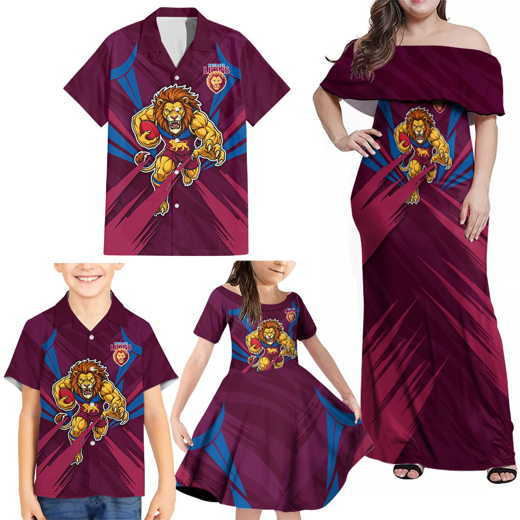 Brisbane Lions Australian Football Family Matching Off Shoulder Maxi Dress and Hawaiian Shirt Powerful Lion Mascot - Bold Team Colors