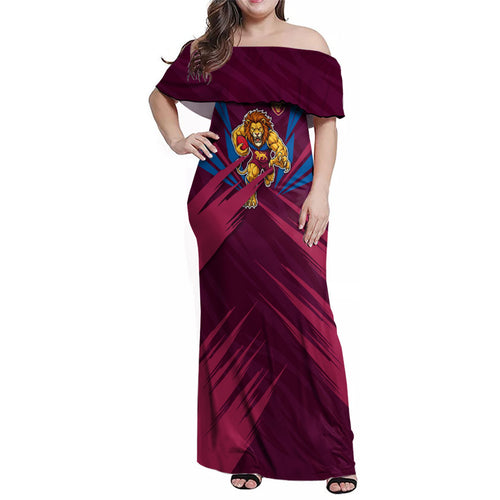Brisbane Lions Australian Football Family Matching Off Shoulder Maxi Dress and Hawaiian Shirt Powerful Lion Mascot - Bold Team Colors