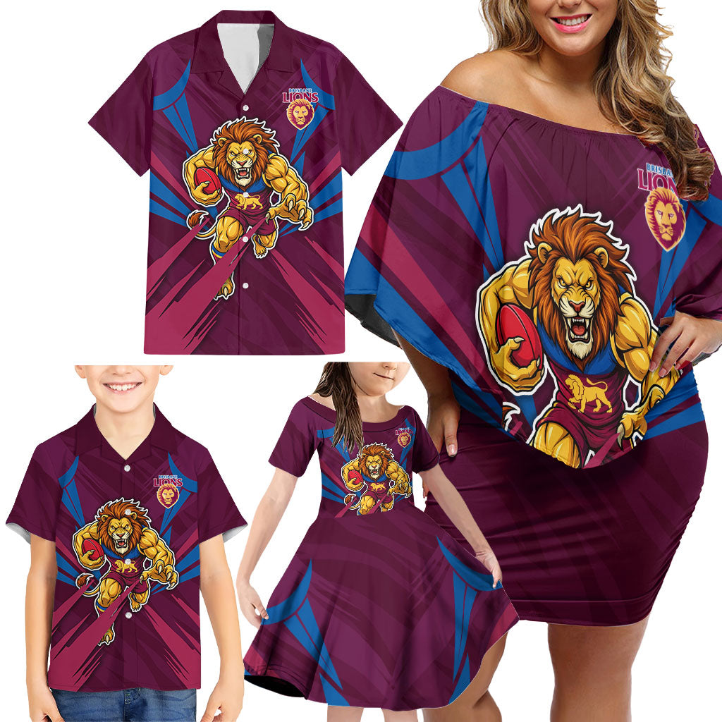Brisbane Lions Australian Football Family Matching Off Shoulder Short Dress and Hawaiian Shirt Powerful Lion Mascot - Bold Team Colors