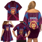 Brisbane Lions Australian Football Family Matching Off Shoulder Short Dress and Hawaiian Shirt Powerful Lion Mascot - Bold Team Colors