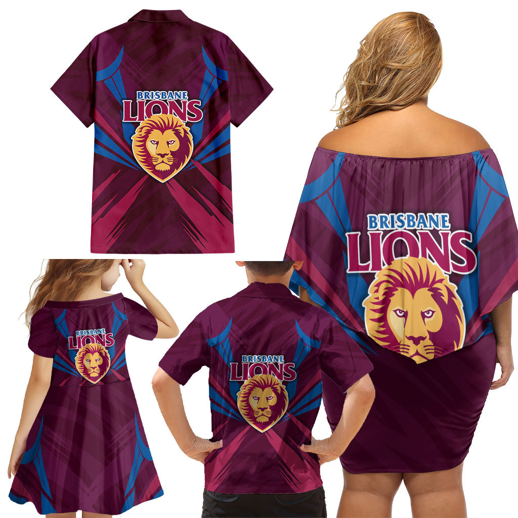 Brisbane Lions Australian Football Family Matching Off Shoulder Short Dress and Hawaiian Shirt Powerful Lion Mascot - Bold Team Colors