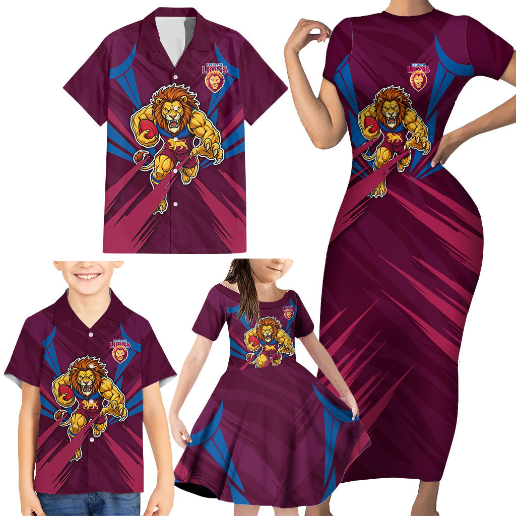 Brisbane Lions Australian Football Family Matching Short Sleeve Bodycon Dress and Hawaiian Shirt Powerful Lion Mascot - Bold Team Colors
