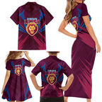 Brisbane Lions Australian Football Family Matching Short Sleeve Bodycon Dress and Hawaiian Shirt Powerful Lion Mascot - Bold Team Colors