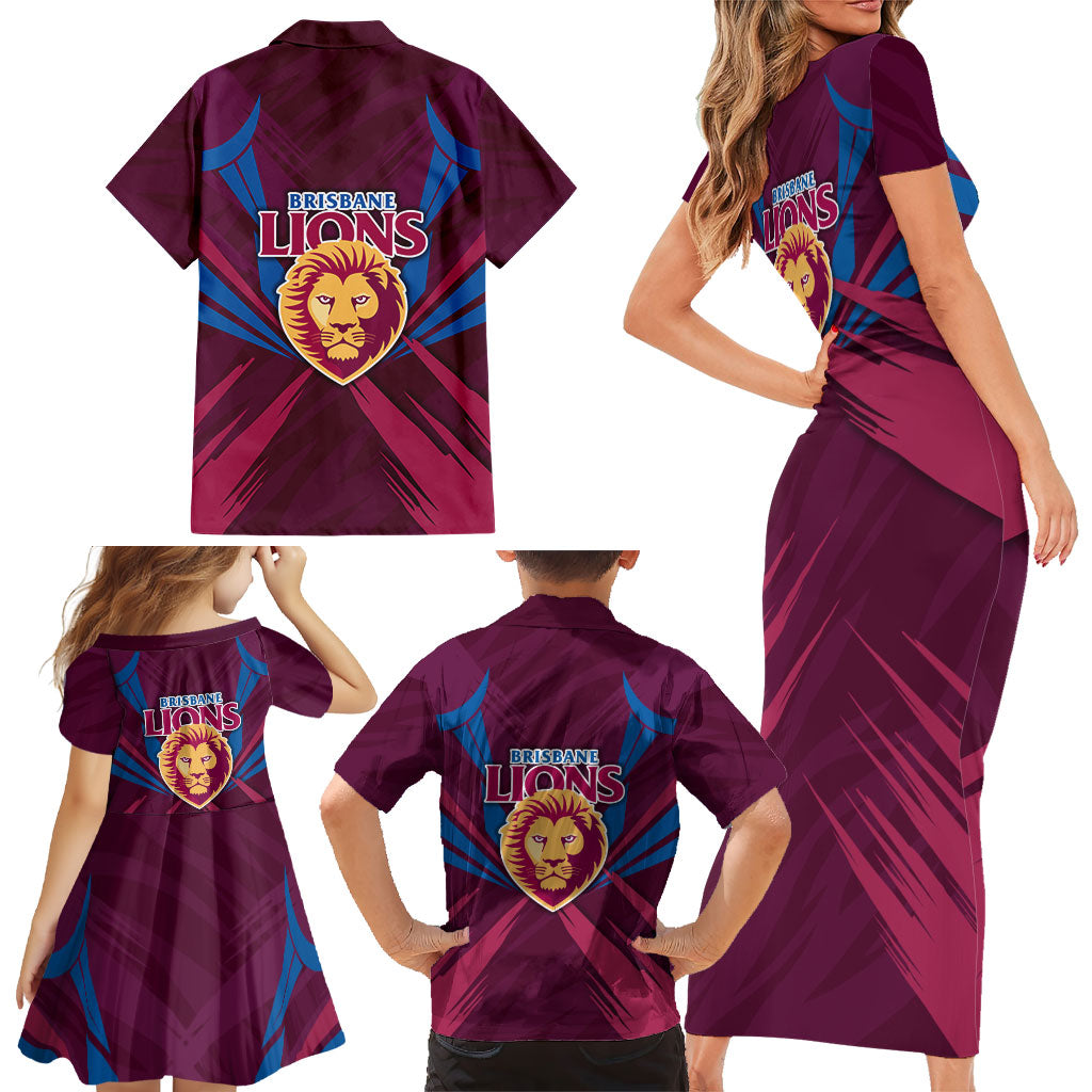 Brisbane Lions Australian Football Family Matching Short Sleeve Bodycon Dress and Hawaiian Shirt Powerful Lion Mascot - Bold Team Colors