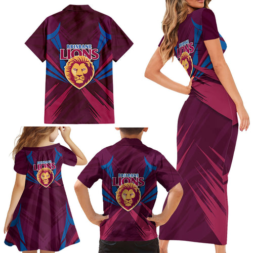 Brisbane Lions Australian Football Family Matching Short Sleeve Bodycon Dress and Hawaiian Shirt Powerful Lion Mascot - Bold Team Colors
