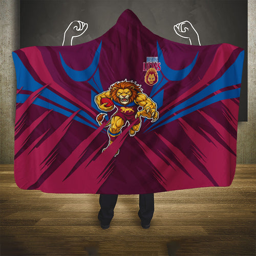 Brisbane Lions Australian Football Hooded Blanket Powerful Lion Mascot - Bold Team Colors