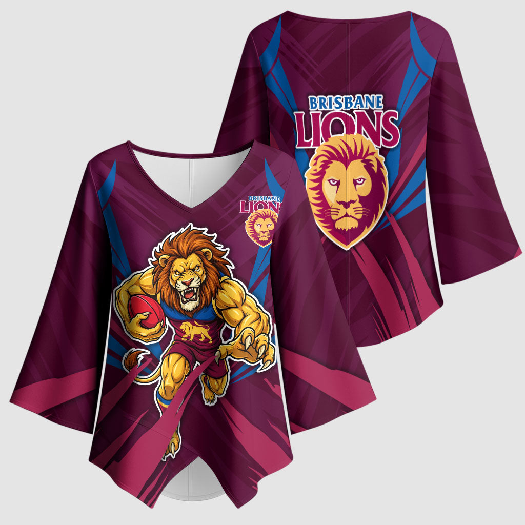 Brisbane Lions Australian Football Kimono Sleeve Blouse Powerful Lion Mascot - Bold Team Colors