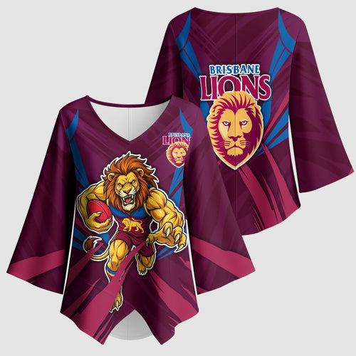 Brisbane Lions Australian Football Kimono Sleeve Blouse Powerful Lion Mascot - Bold Team Colors