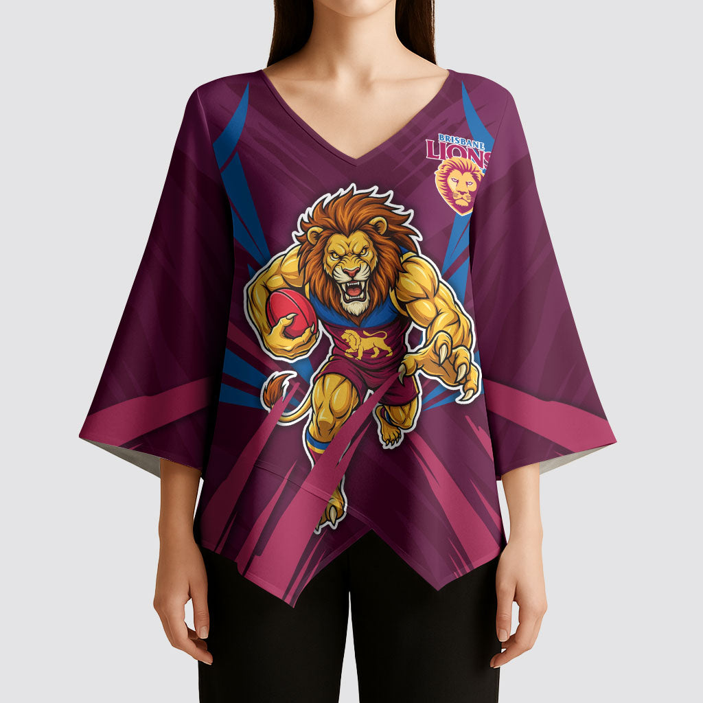 Brisbane Lions Australian Football Kimono Sleeve Blouse Powerful Lion Mascot - Bold Team Colors