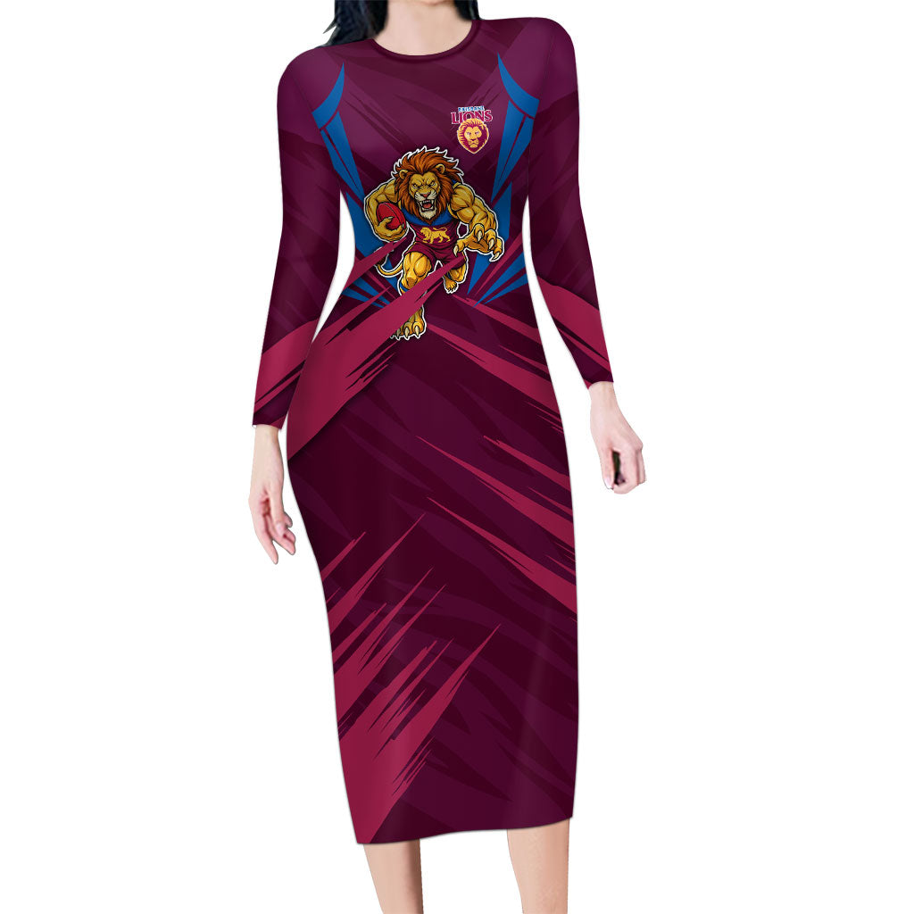 Brisbane Lions Australian Football Long Sleeve Bodycon Dress Powerful Lion Mascot - Bold Team Colors