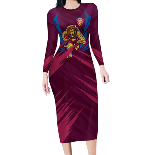 Brisbane Lions Australian Football Long Sleeve Bodycon Dress Powerful Lion Mascot - Bold Team Colors