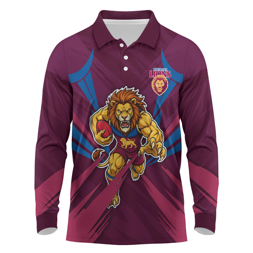 Brisbane Lions Australian Football Long Sleeve Polo Shirt Powerful Lion Mascot - Bold Team Colors