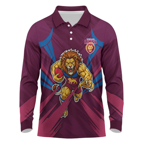 Brisbane Lions Australian Football Long Sleeve Polo Shirt Powerful Lion Mascot - Bold Team Colors