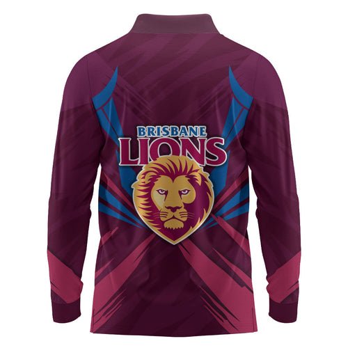Brisbane Lions Australian Football Long Sleeve Polo Shirt Powerful Lion Mascot - Bold Team Colors