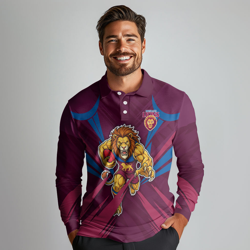 Brisbane Lions Australian Football Long Sleeve Polo Shirt Powerful Lion Mascot - Bold Team Colors