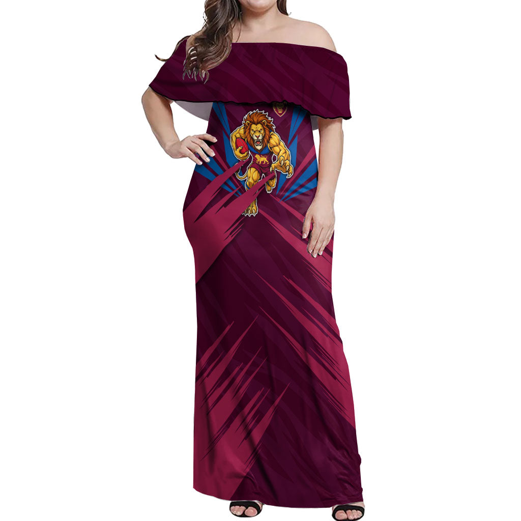 Brisbane Lions Australian Football Off Shoulder Maxi Dress Powerful Lion Mascot - Bold Team Colors