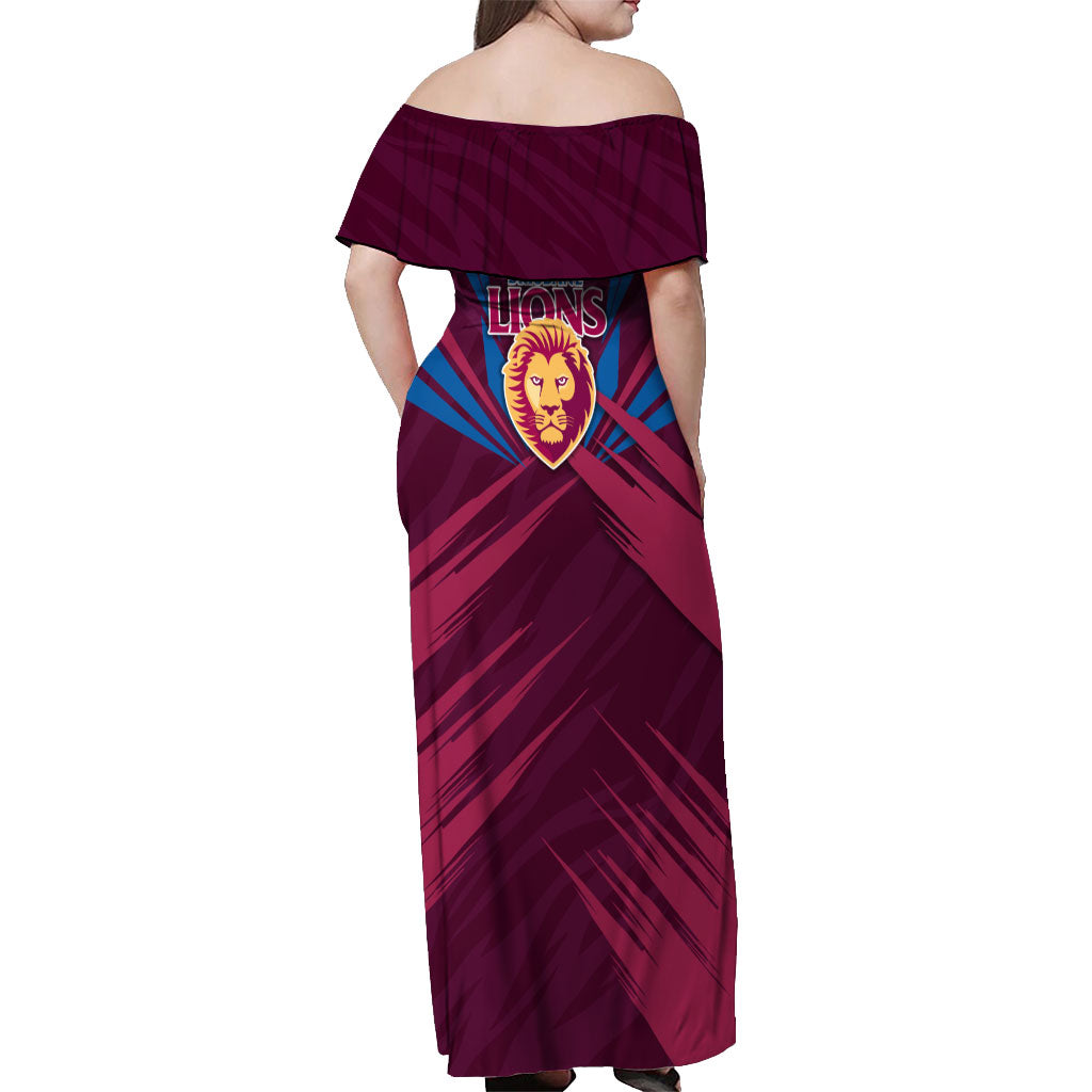 Brisbane Lions Australian Football Off Shoulder Maxi Dress Powerful Lion Mascot - Bold Team Colors