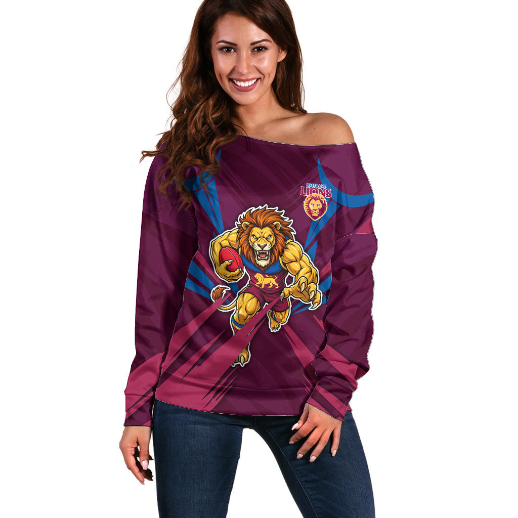 Brisbane Lions Australian Football Off Shoulder Sweater Powerful Lion Mascot - Bold Team Colors