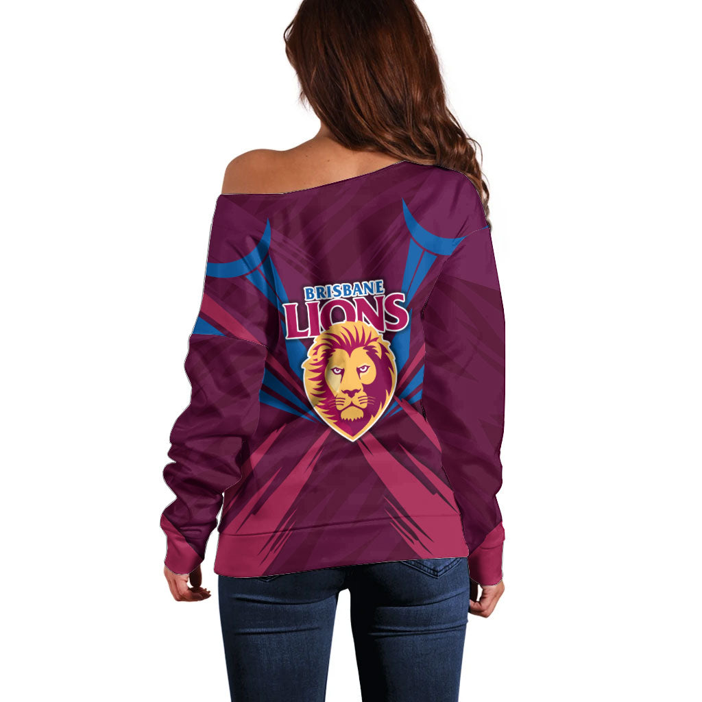 Brisbane Lions Australian Football Off Shoulder Sweater Powerful Lion Mascot - Bold Team Colors