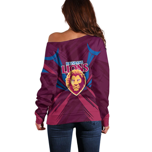 Brisbane Lions Australian Football Off Shoulder Sweater Powerful Lion Mascot - Bold Team Colors
