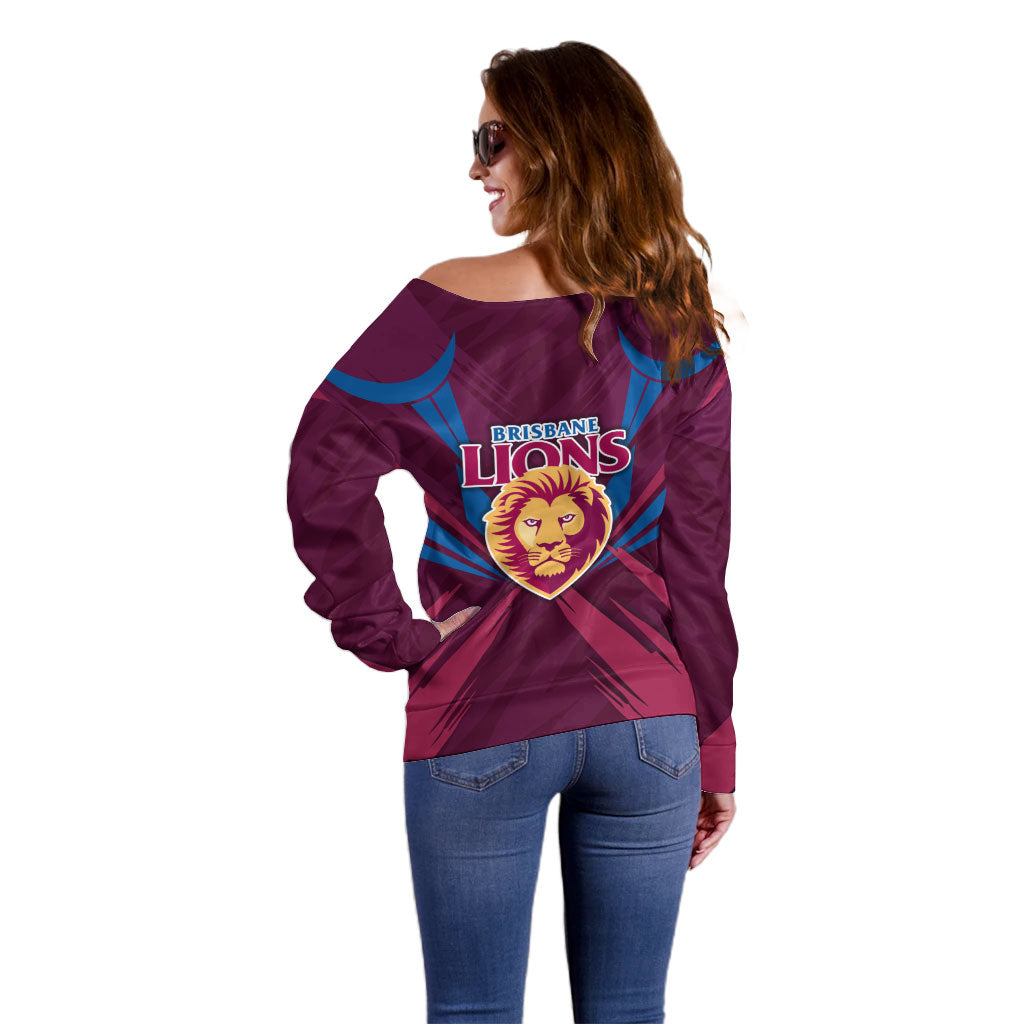 Brisbane Lions Australian Football Off Shoulder Sweater Powerful Lion Mascot - Bold Team Colors