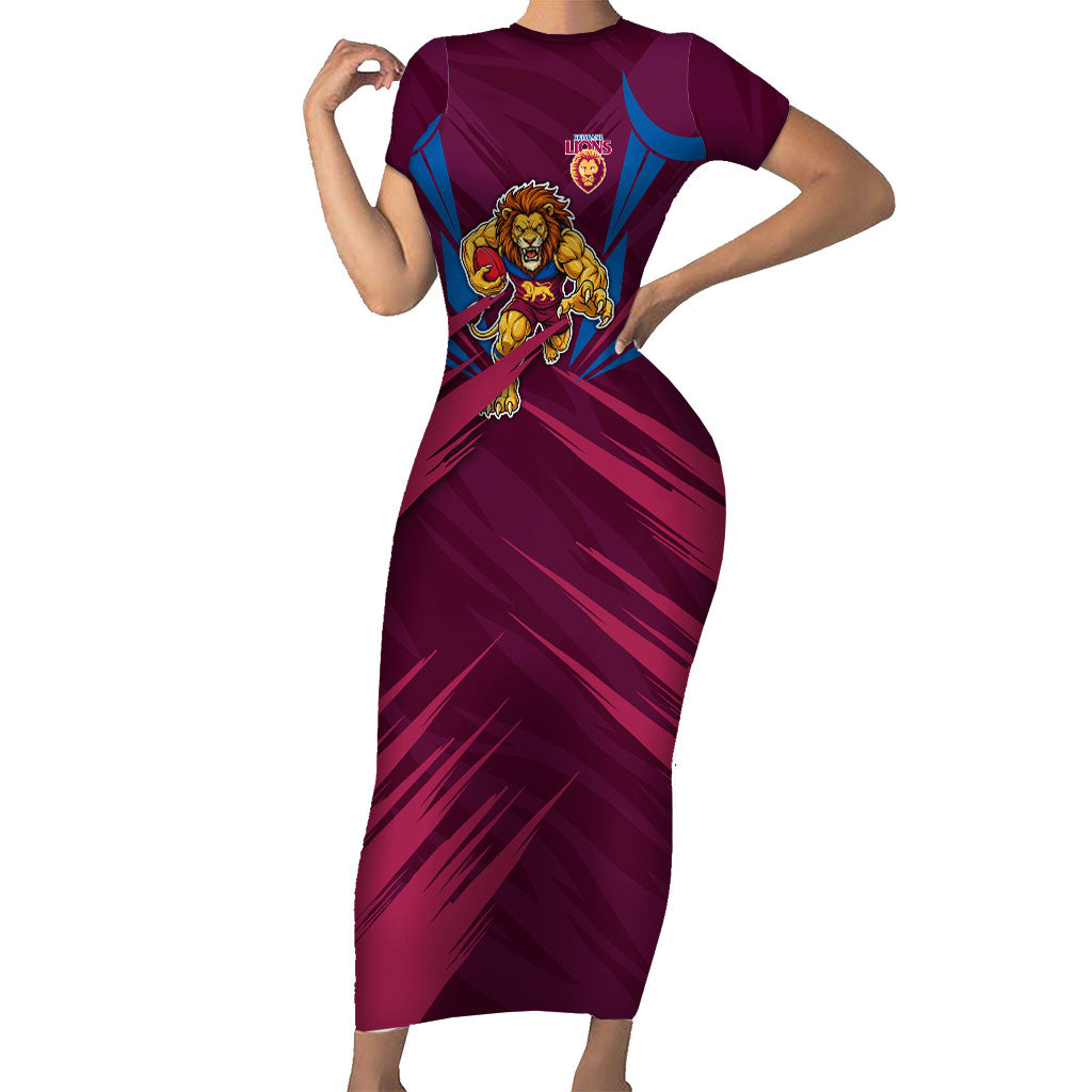 Brisbane Lions Australian Football Short Sleeve Bodycon Dress Powerful Lion Mascot - Bold Team Colors
