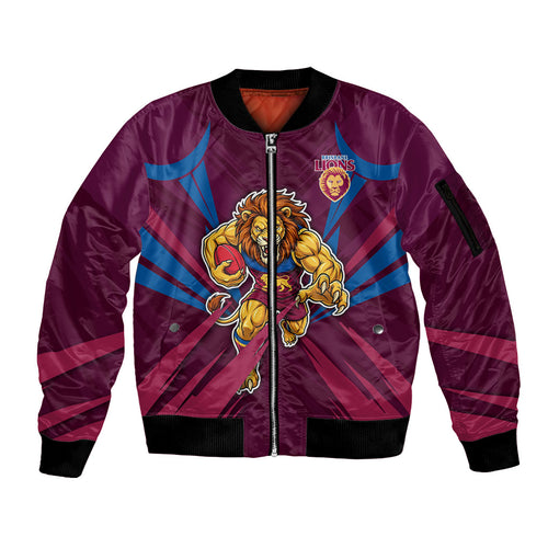 Brisbane Lions Australian Football Sleeve Zip Bomber Jacket Powerful Lion Mascot - Bold Team Colors