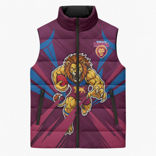 Brisbane Lions Australian Football Sleeveless Puffer Jacket Powerful Lion Mascot - Bold Team Colors