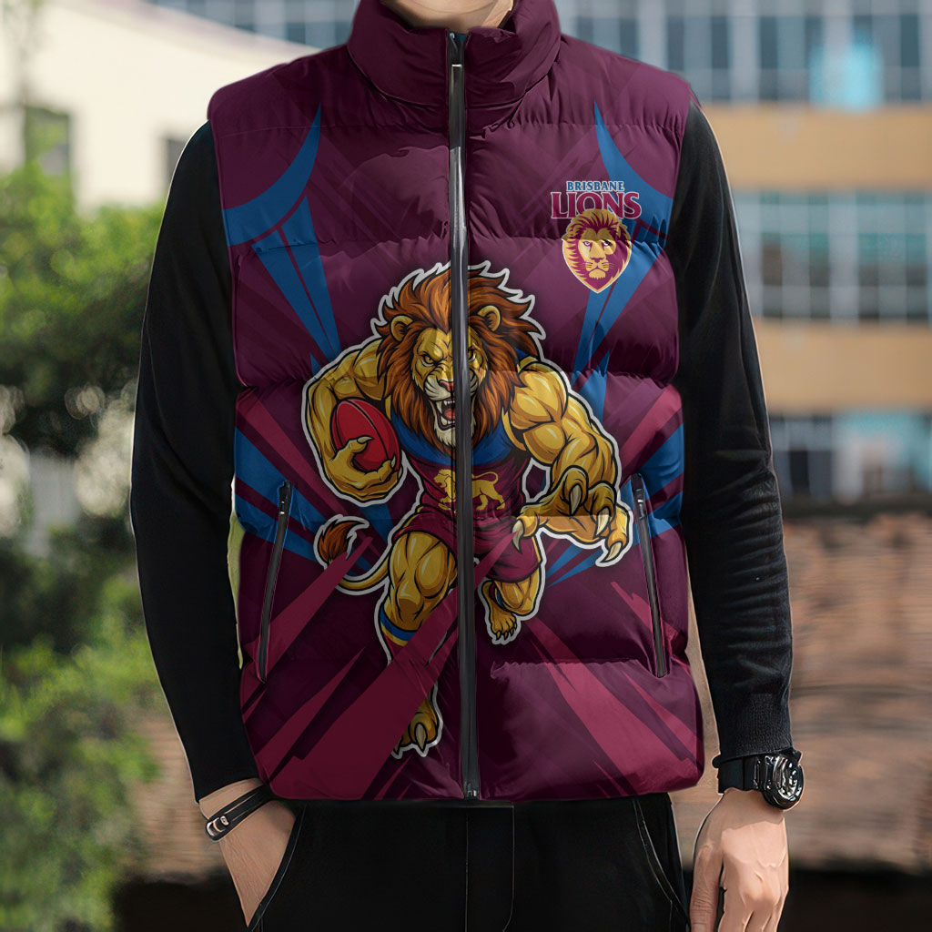 Brisbane Lions Australian Football Sleeveless Puffer Jacket Powerful Lion Mascot - Bold Team Colors