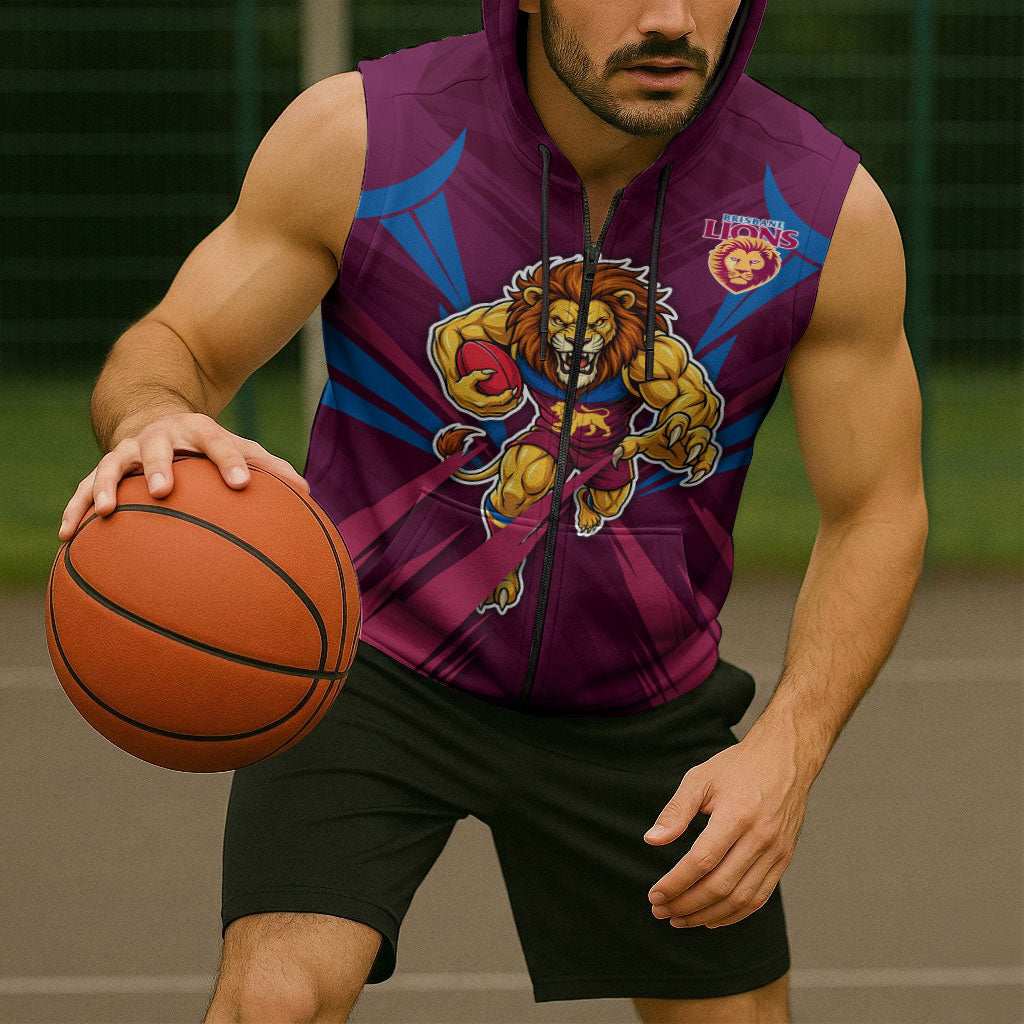 Brisbane Lions Australian Football Sleeveless Zip Hoodie Powerful Lion Mascot - Bold Team Colors
